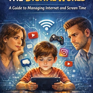 May include: Book cover titled "Parental Guide for Kids in THE DIGITAL WORLD" with a boy using a tablet, and concerned parents. The cover includes social media icons and the author's name, Mustafa Tambuğa.