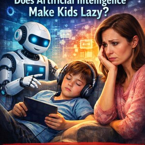 以下が含まれることがあります： 「AI and Children: Does Artificial Intelligence Make Kids Lazy?」というタイトルの本の表紙。ロボット、ヘッドホンをした子供、そして心配そうな女性が描かれています。「A Parent's Guide to Raising Thinking, Responsible, and Motivated Children in the Age of AI」というテキストも表示されています。