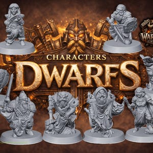 Puede incluir: Una colección de figuras de personajes enanos grises, cada una sobre una base circular. Las figuras varían en pose y vestimenta, algunas sosteniendo armas o libros. La imagen incluye el texto "CHARACTERS DWARFS" y el logotipo de Warforge Studio.