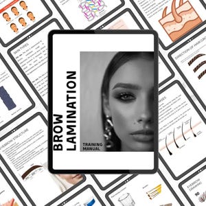 May include: A tablet displaying a "Brow Lamination Training Manual" with a black and white image of a woman's face. Surrounding the tablet are other tablets with diagrams and text related to skincare and eyebrow care.