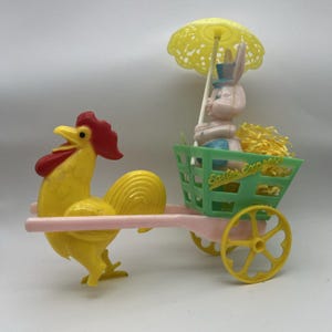 1950s Easter Rooster & Bunny Pull Cart Candy Container Toy Rosen Rosbro DAMAGED