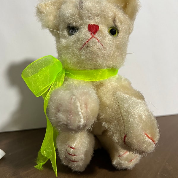 vintage Japan straw stuffed cat mohair green glass eyes and squeaker