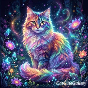 May include: A colourful illustration of a cat with rainbow-hued fur, surrounded by luminous flowers and foliage. The cat's fur displays a spectrum of colours. The dark background features sparkling lights and the text "CatCuteGallery".