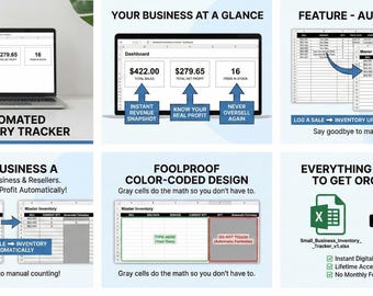 May include: An image showcasing an automated inventory tracker on a laptop and tablet. The dashboard displays total sales, net profit, and items in stock. Additional panels highlight features like automation and color-coded design.