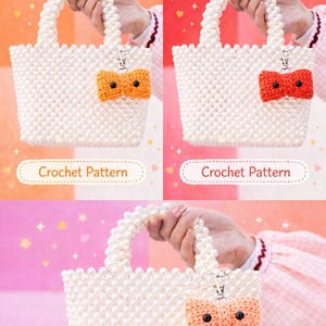 May include: A white beaded handbag with a matching handle and a small, crocheted bow charm. The bag has the text "BOW BAG" in orange and the words "Crochet Pattern" below the bag.