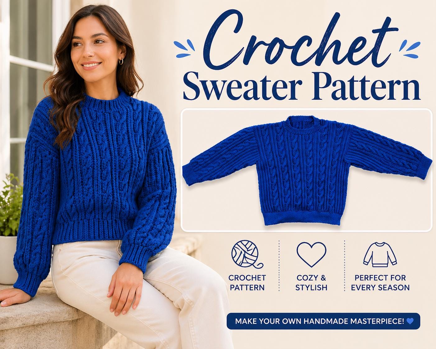 Crochet Sweater Pattern PDF, Chunky Cable Knit Pullover, Cozy Winter ...