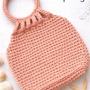 Summer Hoop Bag, Handmade Crochet Tote Bag, Blush Pink Macrame Purse, Boho Chic Round Handle Bag, Knitted Summer Handbag Gift for Her PDF
