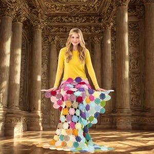 May include: A woman wearing a yellow long-sleeve shirt and a colorful crochet skirt. The skirt is made of various colored flower-shaped crochet pieces. The background features ornate columns and architectural details.