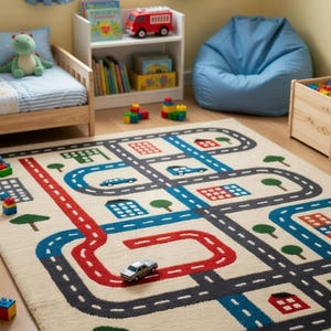 May include: A beige children's rug with a road map design. The rug features red, blue, and gray roads, with illustrations of cars, houses, and trees. A toy car is placed on the rug.