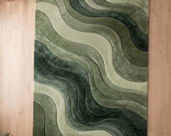 Hand-Tufted Wool Wave Rug – Moss Green Abstract Wavy Carpet, Boho Living Room Decor