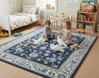 Hand-Tufted Wool Rug – Navy Blue Crane Bird Oriental Floral Carpet