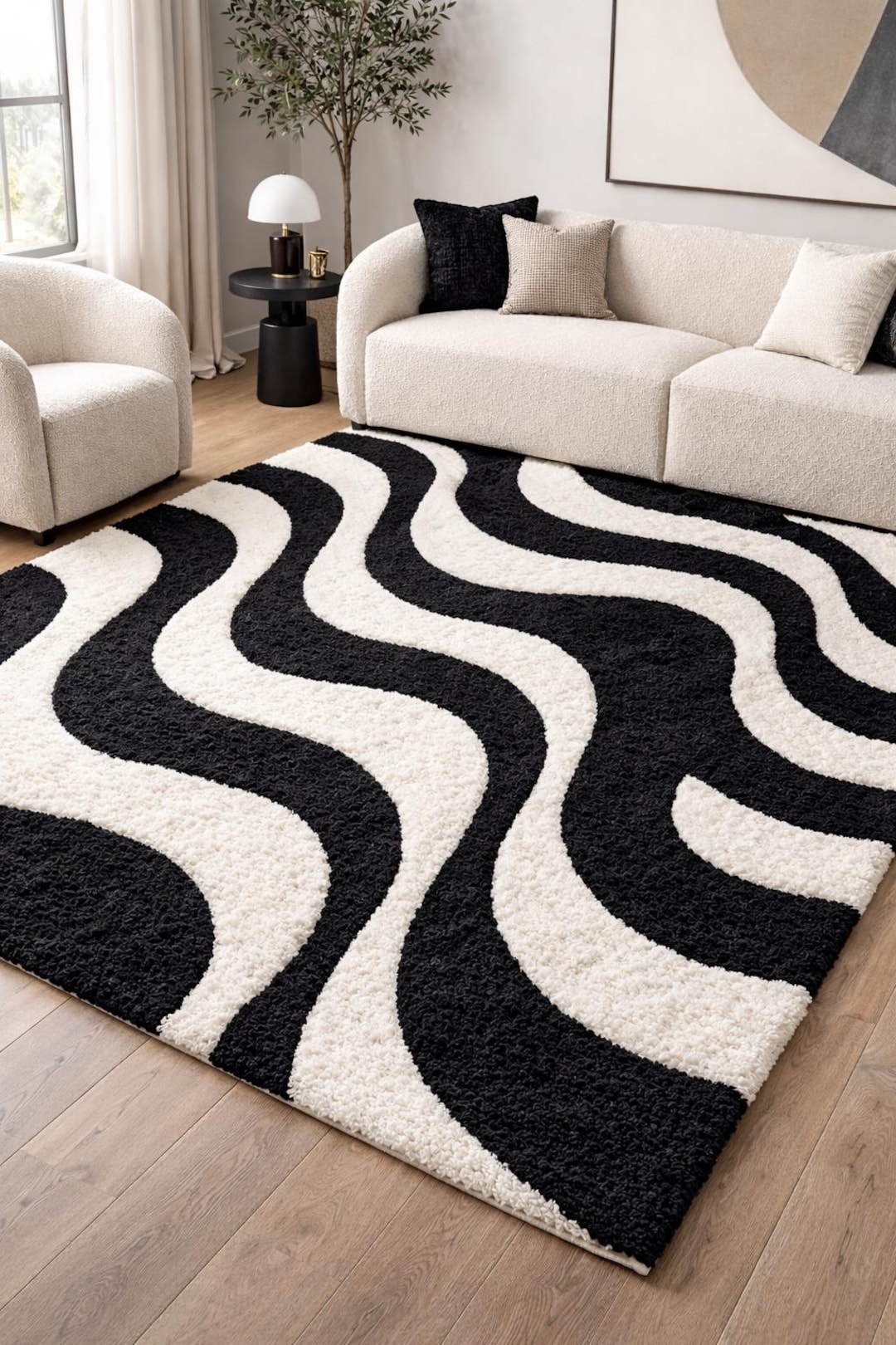 Modern Wave Pattern Rug | Black Ivory Abstract Hand Tufted Area Rug ...