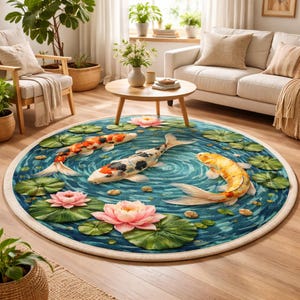 Pode incluir: Tapete redondo com design de lagoa de carpas koi. O tapete tem um fundo azul com um padrão de água rodopiante, peixes koi, nenúfares e flores de lótus rosa. Borda creme.
