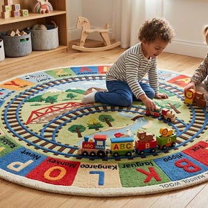 May include: A round, multi-colored area rug featuring a central train track design, a landscape with trees and a bridge, and an outer border displaying the alphabet with corresponding animal illustrations and the text ABC TRAIN TRACK HANDOL WOOL.