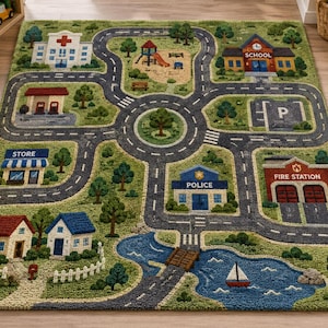 May include: A rectangular area rug featuring a colorful city map design with roads, a central roundabout, a playground, a lake with a sailboat, and buildings labeled as hospital, school, store, police, and fire station on a green background.