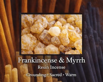 May include: Close-up of Frankincense & Myrrh resin incense. The image features a pile of golden-yellow and brown resin pieces. The text on the image reads: "Frankincense & Myrrh, Resin Incense, Grounding, Sacred, Warm."