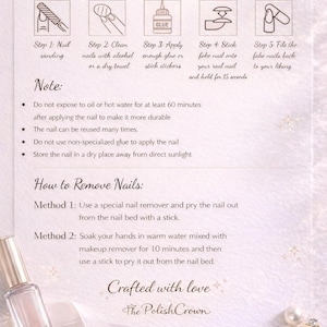 May include: User manual for nail application. Instructions include sanding, cleaning nails, applying glue, sticking fake nails, and filing. Additional notes on nail care and removal methods are provided. The Polish Crown.