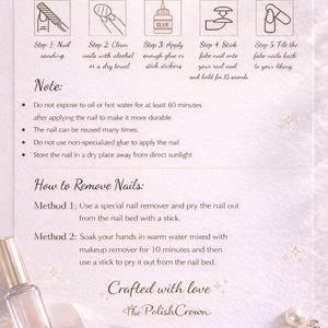 May include: User manual for nail application. Instructions include sanding, cleaning nails, applying glue, sticking fake nails, and filing. Additional notes on nail care and removal methods are provided. The Polish Crown.