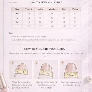 May include: A guide titled "How to Find Your Size" with a size chart for nail measurements in millimeters. Instructions show how to measure nails with a measuring tape. The Polish Crown logo is at the bottom.