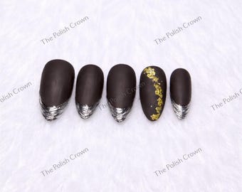 Matte Brown Press-On Nails | Silver Chrome Tips & Gold Foil Accent