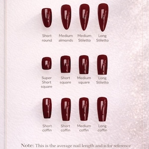 May include: A chart displaying various nail shapes in a deep red color. The image shows short round, medium almond, medium stiletto, and long stiletto shapes. Other shapes include super short square, short square, medium square, and long stiletto. The image also shows short coffin, medium coffin, and long coffin nail shapes. The text "Nail Shape" is at the top.