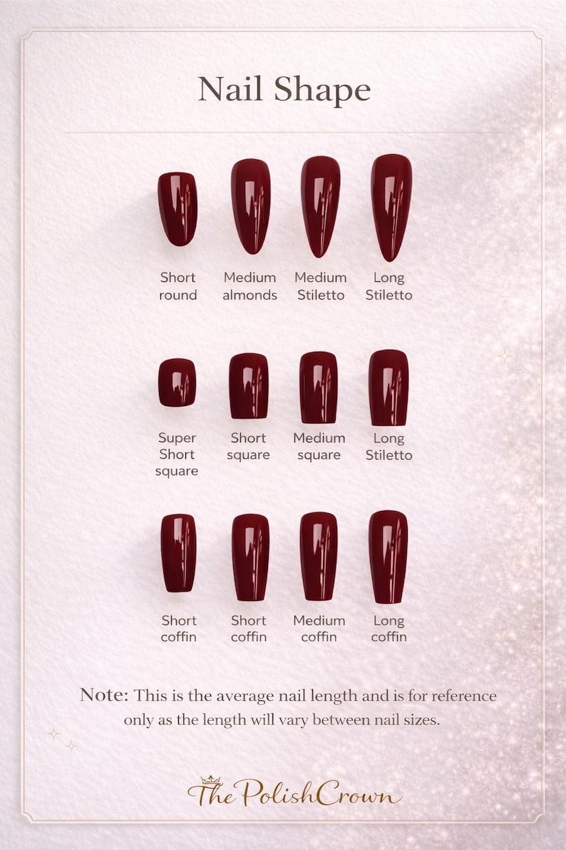 May include: A chart displaying various nail shapes in a deep red color. The image shows short round, medium almond, medium stiletto, and long stiletto shapes. Other shapes include super short square, short square, medium square, and long stiletto. The image also shows short coffin, medium coffin, and long coffin nail shapes. The text "Nail Shape" is at the top.