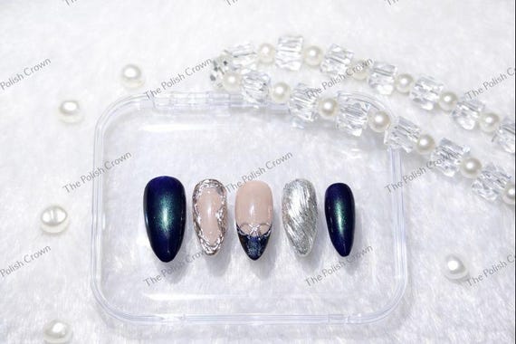 Navy Blue & Silver Chrome Press-On Nails
