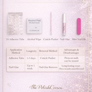 May include: A DIY manicure kit includes 24 adhesive tabs, an alcohol wipe, cuticle pusher, nail glue, and a mini nail file. The kit also includes a chart detailing application methods, longevity, and removal methods.