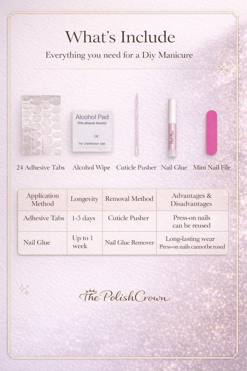 May include: A DIY manicure kit includes 24 adhesive tabs, an alcohol wipe, cuticle pusher, nail glue, and a mini nail file. The kit also includes a chart detailing application methods, longevity, and removal methods.