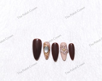 Chocolate Brown Luxury Press-On Nails | Gold Frame & Floral Accent Nails