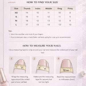 May include: A guide titled "How to Find Your Size" with a size chart for nail measurements in millimeters. Instructions show how to measure nails with a measuring tape. Includes the brand logo "The Polish Crown".
