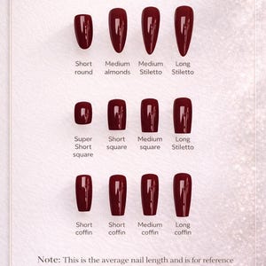 May include: A chart displaying various nail shapes in a deep red color. The image shows short round, medium almond, medium stiletto, and long stiletto shapes. Other shapes include super short square, short square, medium square, and long stiletto. The image also shows short coffin, medium coffin, and long coffin nail shapes. The text "Nail Shape" is at the top.