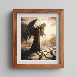 Op de afbeelding: Een ingelijste prent toont een donkergevleugelde engel in een verlaten landschap. De engel, met een staf, wordt badend in licht afgebeeld, met een gebarsten aarde. De houten lijst voegt een klassieke uitstraling toe.