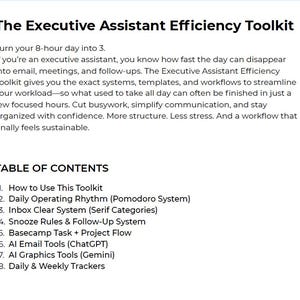 Op de afbeelding: Tekst op een witte achtergrond: "The Executive Assistant Efficiency Toolkit". Het beschrijft een toolkit om de workload te stroomlijnen, met een inhoudsopgave met onderwerpen als "Daily Operating Rhythm" en "AI Email Tools."