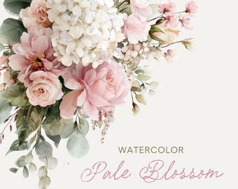 May include: Watercolor illustration of a floral arrangement featuring pale pink and white blossoms, including roses and hydrangeas, with green foliage. The text "Pale Blossom" is written in a script font.