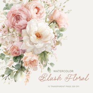 ブラッシュピンクとアイボリーの水彩画風フローラルクリップアート：ロマンチックなウェディングピオニーとバラの花束（デジタルダウンロード）FP024