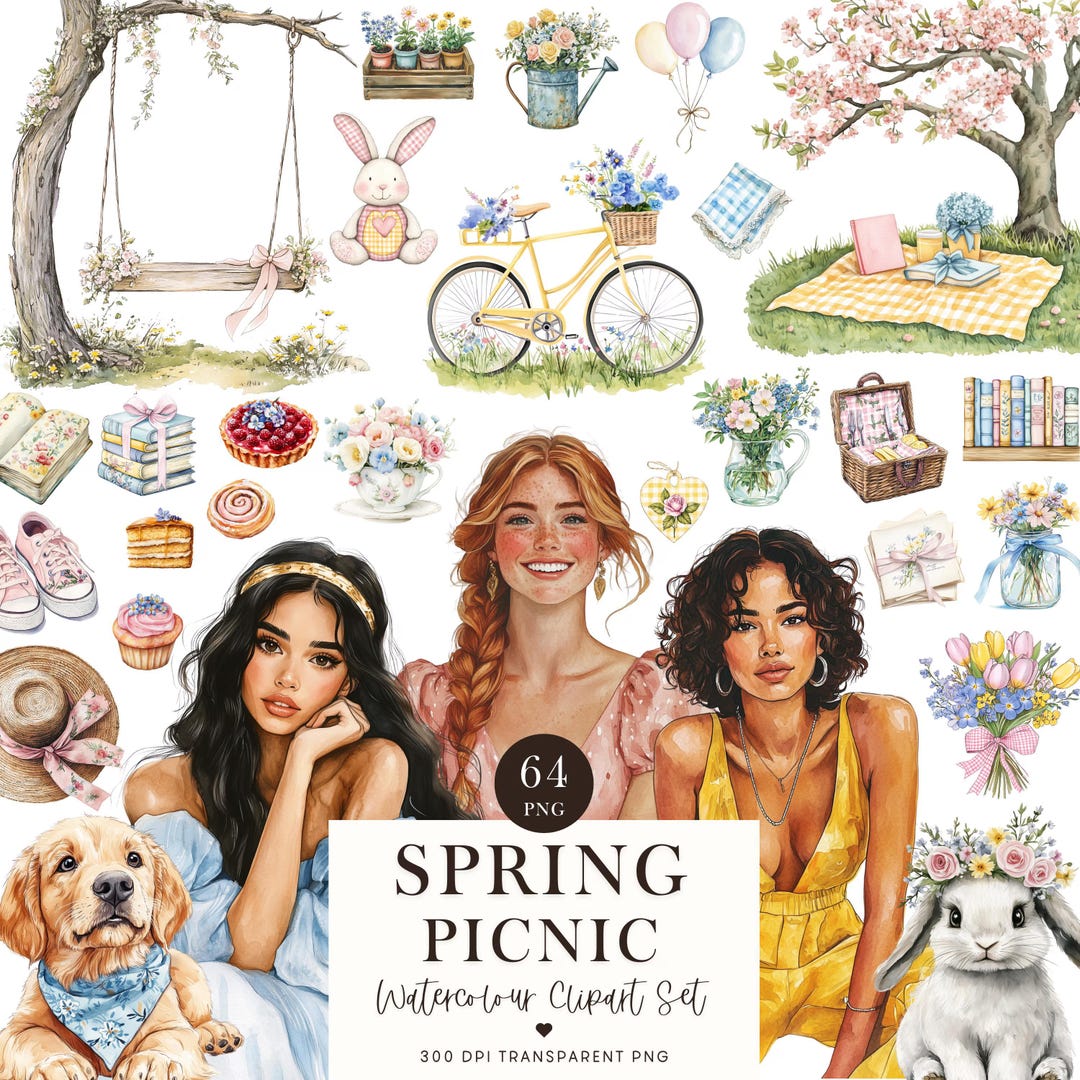 Spring Picnic Graphics Spring Picnic Clipart: Watercolor Floral Illustrations (digital ...