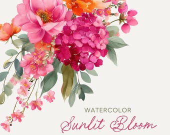 Akvarell blommig clipartpaket, knallrosa orange blommor, ljusa bröllopsbrevpappergrafik (digital nedladdning) FP015