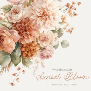 Clipart floral em terracota, buquê em aquarela laranja queimado, casamento de outono PNG (download digital) FP004