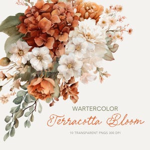 Puede incluir: Arreglo floral en acuarela con flores terracota, blancas y melocotón. El diseño incluye hortensias, rosas y otras flores con follaje verde. El texto "Terracotta Bloom" se muestra en una elegante escritura.