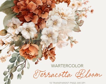 May include: A watercolour floral design in terracotta, white, and peach hues. The arrangement showcases hydrangeas, roses, and other flowers with green leaves. The text "Terracotta Bloom" is written in a decorative script.