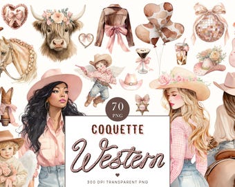 Western Coquette Clipart Bundle, Cowgirl PNG Graphics (70 Files) FP008