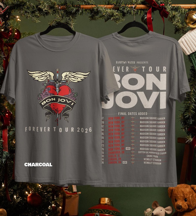 May include: A charcoal gray t-shirt featuring a front graphic of a red heart pierced by a sword with wings and the text Bon Jovi Forever Tour 2026. The back displays the Hampton Water Presents Forever Tour Bon Jovi text with a list of final dates.