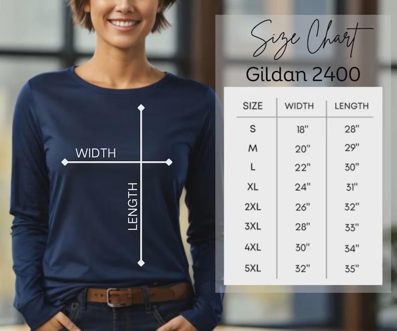 May include: A navy blue long-sleeve shirt with a size chart. The chart shows measurements for Gildan 2400 shirts, including width and length in inches for sizes S to 5XL. The shirt is being modeled.