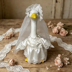 May include: A white goose figurine dressed in a satin wedding gown with lace trim, a pearl necklace, and a veil. The goose has a yellow beak and feet, and wears a lace-trimmed bonnet. The figurine is set on a wooden surface with floral accents.