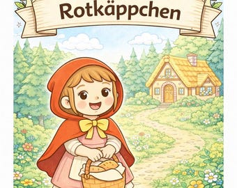 May include: A children's book cover featuring a cartoon illustration of Little Red Riding Hood. The girl wears a red hooded cloak and carries a basket. The title "Rotkäppchen" is displayed on a banner, with the text "Zauberhafte Geschichten" above it. A house is in the background.