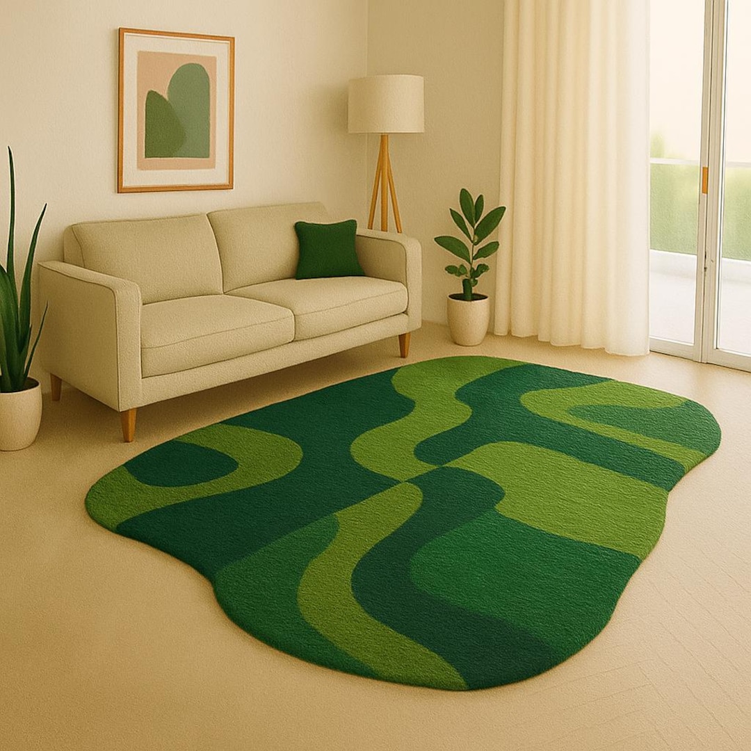 Patterned Green Rug Abstract Design Modern Green Abstract Rug, Irregular Shape Area Rug, Hand Tufted Wool ...