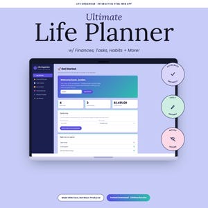 Interactive Life Planner App | Budget, Tasks, Fitness, Goals (HTML Download)