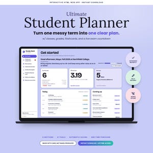 May include: A digital student planner interface displayed on a laptop screen, featuring sections for classes, grades, and flashcards. The dashboard shows a GPA of 3.19, a 5-day exam countdown, and a daily schedule. Includes three circular icons.