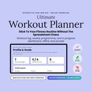May include: An interactive HTML web app titled Ultimate Workout Planner. The interface displays a Profile & Goals section with data fields for workout days, weekly progress, and streaks. Includes icons for autosave, edit, and offline features.